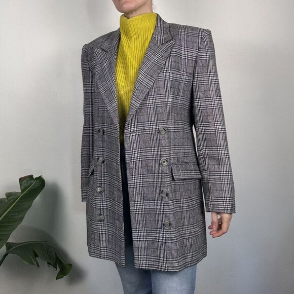 Vintage 80s 90s Houndstooth Plaid Double Breasted Blazer, Black Check Jacket - Picture 11 of 12